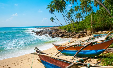 Sandstrand mit Booten neben dem klaren Wasser und Palmen im Hintergrund – Sri Lanka mit Kindern
