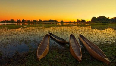 Vier traditionelle Kanus liegen am Ufer eines ruhigen Gewässers, während die Sonne am Horizont untergeht.