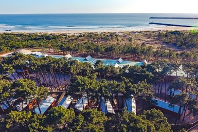Eine Luftaufnahme zeigt ein Hotel inmitten von hohen Bäumen, umgeben von einem schönen Strand und dem Ozean im Hintergrund.