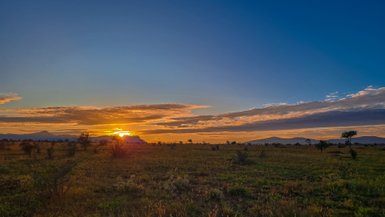 Ein atemberaubender Sonnenaufgang über der weiten Savanne, mit sanften Hügeln im Hintergrund und einem klaren blauen Himmel.
