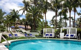 Ein einladender Poolbereich in Miami Beach, umgeben von Palmen und modernen Liegen, ideal für Entspannung und Erholung.
