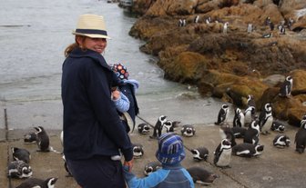 Eine Frau mit einem Hut hält ein Baby, während ein Junge an ihrer Hand steht und Pinguine im Hintergrund beobachtet.