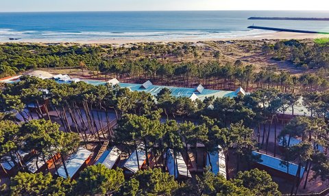 Eine Luftaufnahme zeigt ein Hotel inmitten von hohen Bäumen, umgeben von einem schönen Strand und dem Ozean im Hintergrund.