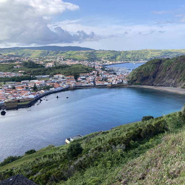 Eine malerische Küstenlandschaft mit einer Stadt, umgeben von sanften Hügeln und einem ruhigen, blauen Meer.