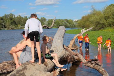 Eine Gruppe von Kindern in Schwimmwesten spielt im Wasser, während einige auf einem Baumstamm sitzen und lachen.