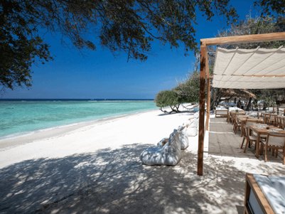 Ein einladendes Restaurant am Strand mit Holzstühlen und Tischen, umgeben von Palmen und klarem, türkisfarbenem Wasser.