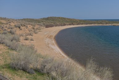 Eine sanfte Küstenlinie mit sandigem Strand und klarem Wasser, umgeben von sanften Hügeln und strauchbewachsenen Flächen.