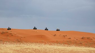 Vier Allradfahren fahren über die rot-orange Sanddünen Namibias unter einem bewölkten Himmel.