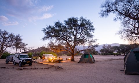 Ein Campingplatz in Namibia mit Zelten, einem Lagerfeuer und Fahrzeugen unter einem großen Baum in der Dämmerung.