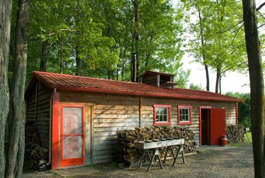 Eine rustikale Holzhütte mit rotem Dach und Fensterrahmen, umgeben von üppigem Grün und Holzstapeln.