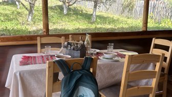 Ein rustikaler Essbereich mit einem Tisch, gedeckt mit Geschirr und einer Wasserflasche, umgeben von einem Garten.