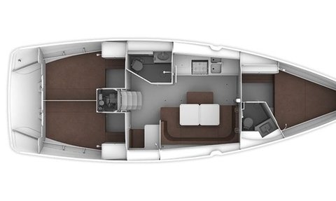 Die Innenansicht einer modernen Yacht zeigt einen offenen Wohnbereich mit einer gemütlichen Sitzecke und einer Küchenzeile.
