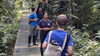 Eine Gruppe von vier Personen steht auf einem Holzsteg im Dschungel, umgeben von üppigem Grün und Sonnenlicht.