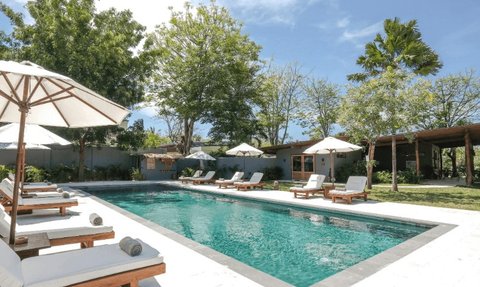 Ein einladender Poolbereich mit Liegen und Sonnenschirmen, umgeben von üppigem Grün und strahlend blauem Himmel.