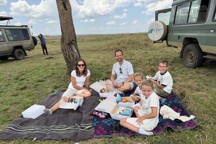 Eine Familie genießt ein Picknick auf einer Decke im Freien, umgeben von der weiten Landschaft der Masai Mara.
