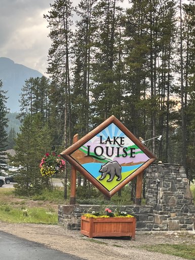 Ein farbenfrohes Schild mit dem Schriftzug 'Lake Louise' und einem Bärenmotiv, umgeben von hohen Bäumen.