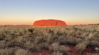 Ayers Rock strahlt in der Abenddämmerung, umgeben von sanften, grasbewachsenen Hügeln und dem klaren Himmel im Hintergrund.