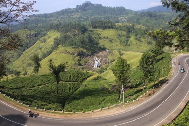 Blick aus dem Zug auf die grüne Hügellandschaft im Hochland Sri Lankas – Sri Lanka mit Kindern