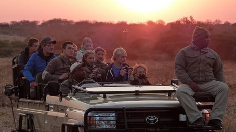 Reisegruppe im offenen Safari-Jeep entdeckt die Tierwelt bei Nacht – Südafrika mit Kindern