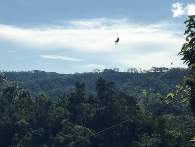 Ein Abenteurer schwebt an einer Zipline über üppige grüne Wälder unter einem klaren blauen Himmel.