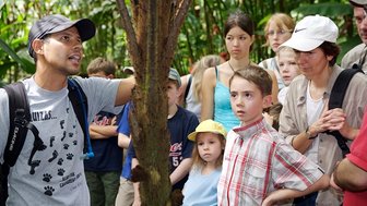 Naturführer zeigt Familie tropische Pflanzenvielfalt – Costa Rica Reise mit Kindern