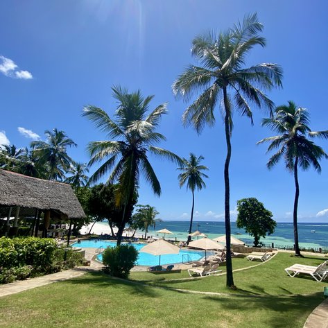 Ein tropisches Resort mit Palmen, einem Pool und Blick auf den Ozean unter einem strahlend blauen Himmel.