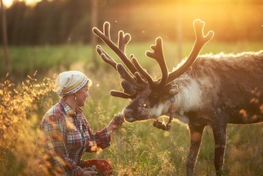 Eine Frau Füttert ein Rentier mit einem Büschel Moss