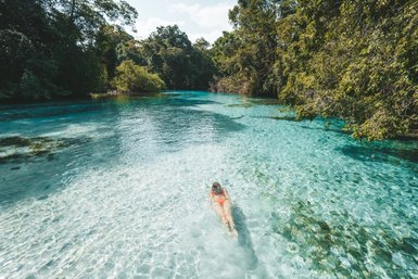 Eine Person schwimmt in einem klaren, türkisfarbenen Gewässer, umgeben von üppigem, grünem Wald und strahlendem Sonnenschein.