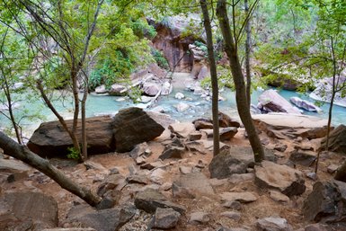 Ein ruhiger Fluss schlängelt sich durch eine felsige Landschaft, umgeben von üppigem Grün und hohen Bäumen.