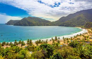 Ein atemberaubender Blick auf die Küste von Maracas Bay, umgeben von üppigen Bergen und klarem, blauem Wasser.