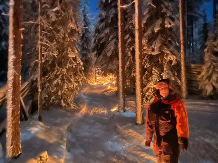 Ein Mann steht in einer verschneiten Winterlandschaft, umgeben von hohen, schneebedeckten Bäumen und einem sanften Lichtschein.