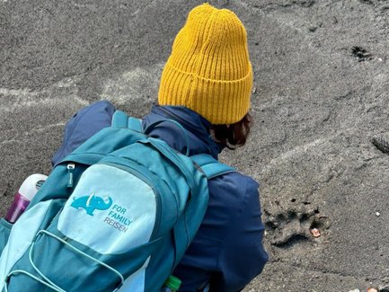 Eine Person mit einer gelben Mütze untersucht aufmerksam die Spuren im Sand, während sie auf dem Boden sitzt.