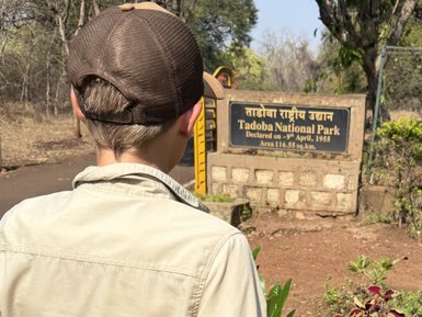 Ein Junge steht mit dem Rücken zur Kamera und betrachtet das Eingangsschild des Tadoba Nationalparks, umgeben von Pflanzen.