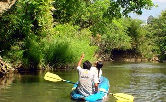 Zwei Personen im Kajak paddeln auf einem ruhigen Fluss, umgeben von üppigem, grünem Dschungel und strahlendem Sonnenlicht.