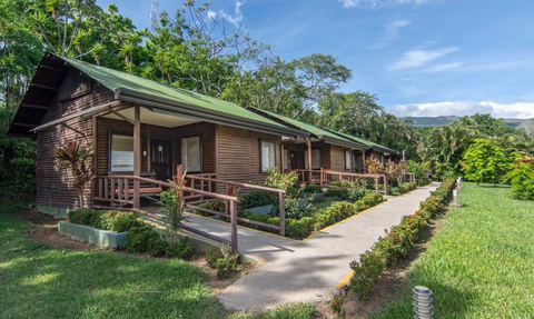 Holzhütten mit grünen Dächern stehen in einer üppigen, grünen Umgebung unter blauem Himmel und strahlendem Sonnenschein.
