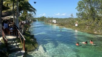 Ein klarer Wasserlauf umgeben von Palmen, in dem Menschen mit Schwimmwesten fröhlich schwimmen und sich entspannen.