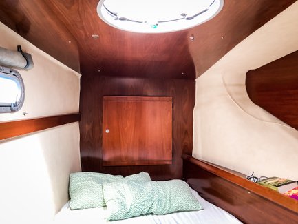 Ein gemütlicher Schlafbereich mit Holzverkleidung, einem Fenster und einem runden Oberlicht, das Tageslicht hereinlässt.