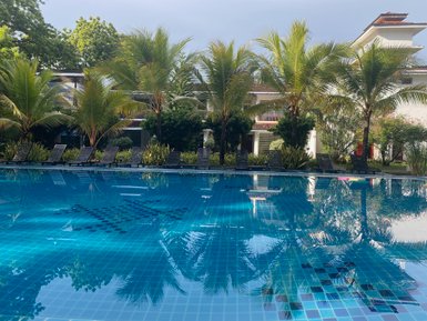 Ein glitzernder Pool spiegelt die Palmen und die Umgebung wider, umgeben von Liegen und üppigem Grün.