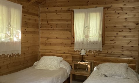 Ein gemütliches Zimmer mit zwei Einzelbetten, Holzvertäfelung und einem bunten Teppich auf dem Boden.