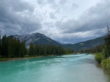 Ein ruhiger Fluss mit türkisfarbenem Wasser schlängelt sich durch eine bewaldete Landschaft unter einem bewölkten Himmel.