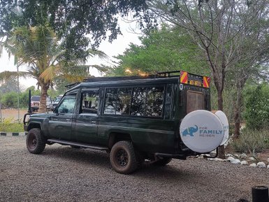 Ein grüner Geländewagen steht auf einem Kiesplatz, umgeben von Palmen und Bäumen in einer natürlichen Umgebung.