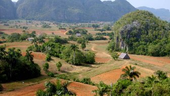 Eine weite Landschaft mit sanften Hügeln, bewaldeten Bereichen und kleinen, verstreuten Hütten im Vinales-Tal in Kuba.