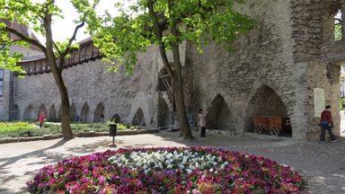 Ein blühender Blumengarten mit bunten Blumen umrahmt eine alte Steinmauer, während Besucher die Umgebung erkunden.
