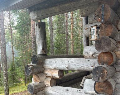 Ein rustikales Holzgebäude mit einem offenen Fenster, umgeben von dichten, grünen Wäldern und sanften Lichtstrahlen.