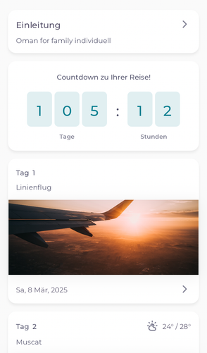 Die App zeigt einen Countdown für eine Reise nach Oman mit 105 Tagen und 12 Stunden bis zum Abflug.