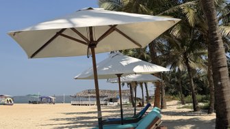 Am Strand von Goa stehen Liegen unter weißen Sonnenschirmen, umgeben von Palmen und feinem Sand, bei strahlend blauem Himmel.