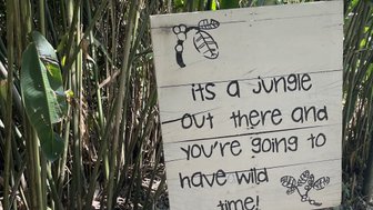 Ein handgemaltes Schild im Dschungel, das Besucher einlädt, die Wildnis zu erkunden und Spaß zu haben.