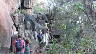 Eine Reisegruppe wandert über einen schmalen Pfad in Richtung Gipfel - Namibia Urlaub mit Kindern
