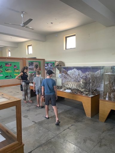Eine Frau und zwei Kinder betrachten ein ausgestopftes Tier in einem Museum, umgeben von informativen Tafeln über die Tierwelt.