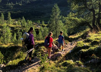 Drei Wanderer, darunter ein Erwachsener und zwei Kinder, erkunden einen malerischen Bergpfad in der Natur Sloweniens.
